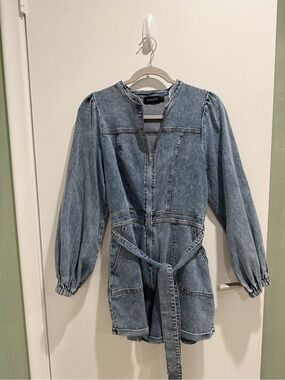 Etiquette Clothiers Light Blue Denim Romper with Tie Belt